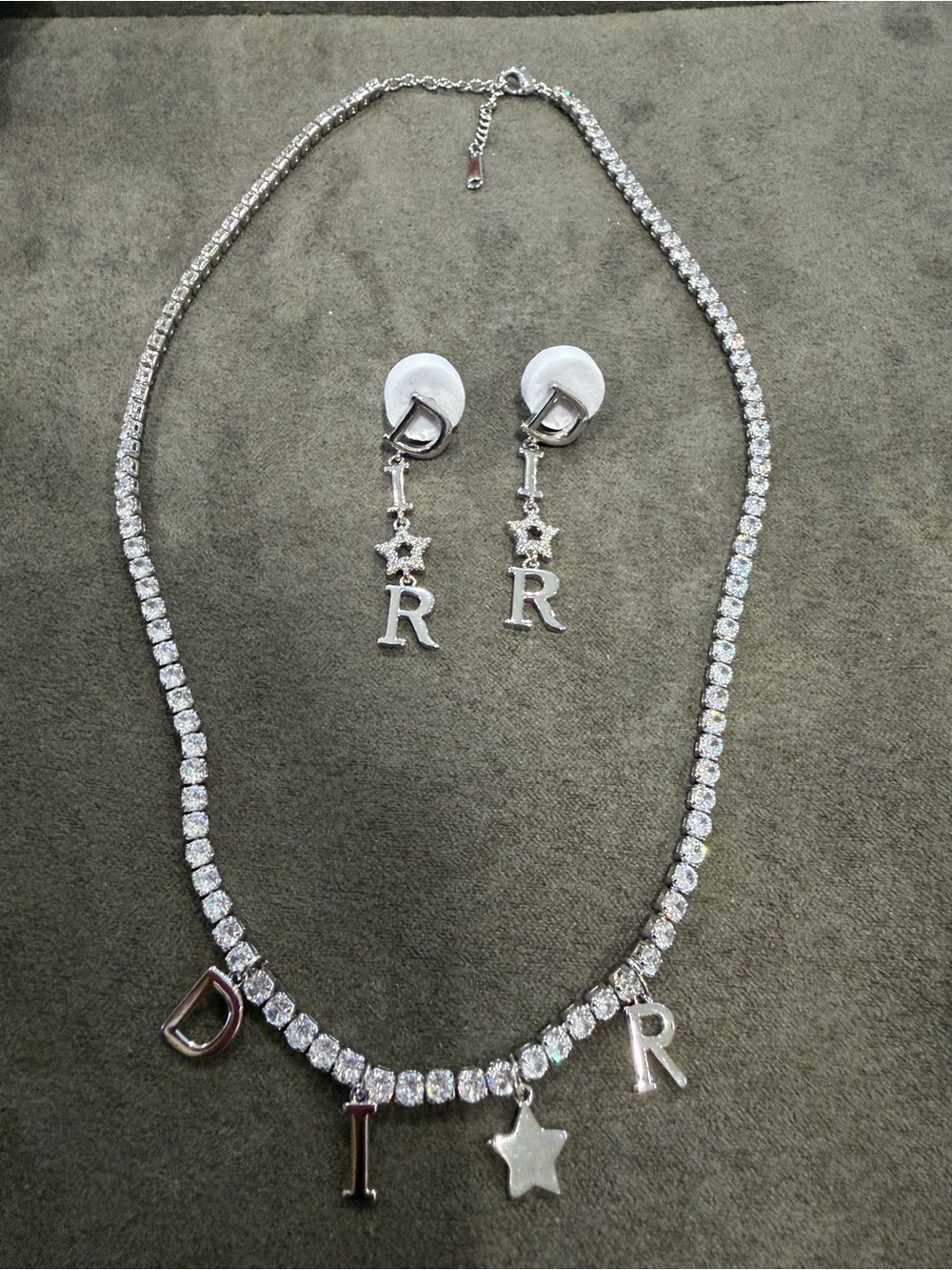Clear Crystal Tennis Necklace with Letter and Star Charms - Silver Tone
